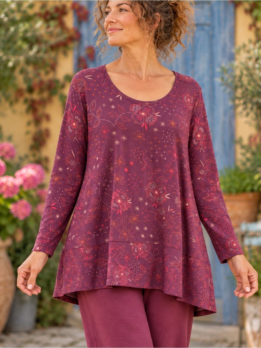Gudrun Sjoden Purple Floral Lyocell Tunic Top Long Sleeve XL
